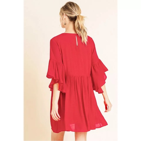 Umgee Red Adrienne Bell Sleeve Ruffle Dress S Babydoll Embroidered Boho - Picture 13 of 13